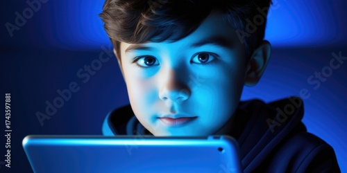 Wallpaper Mural Child engaged with digital tablet under soft blue light Torontodigital.ca