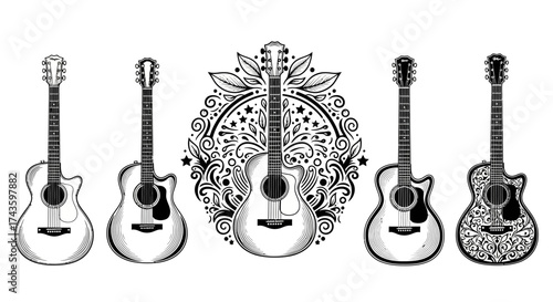 Five acoustic guitars are arranged in a row, the central guitar surrounded by an ornate floral and swirling design.