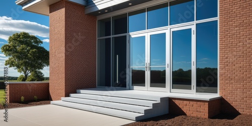 Modern glass entryway of contemporary brick building with blue sky reflection
