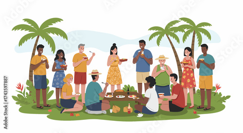 Diverse group enjoying an outdoor tropical picnic under palm trees