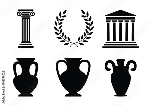 Classic ancient greek icon set black silhouettes vector illustration scalable eps files silhouette vector illustration white background