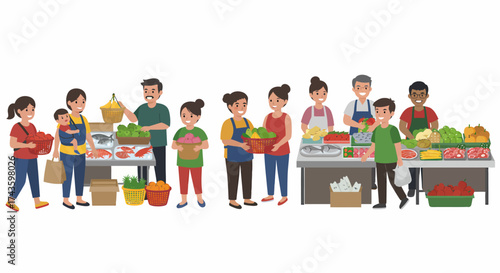 Diverse group of people buying and selling goods at an outdoor market stall