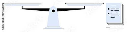 Balance scale aligned against a stack of documents symbolizing equality, fairness, law, and analysis. Ideal for law, ethics, decision-making, evaluations, accountability justice transparent
