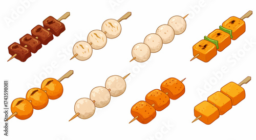 Eight isometric skewers of grilled street food items on a white background