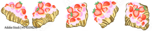 Strawberry Cream Croissant Illustration Set – Cute Bakery Pastry Vector for Cafe Menu, Dessert Clipart and Sweet Food Design