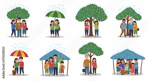 Eight scenes depicting groups of people seeking shelter from the rain under trees umbrellas or makeshift coverings