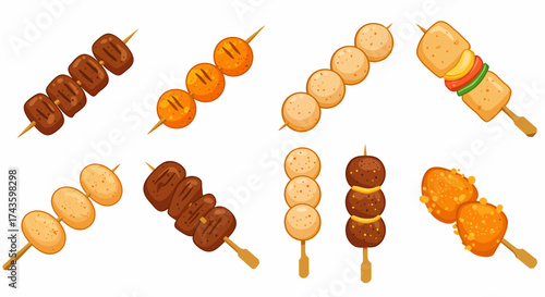 Eight skewers featuring grilled and spherical food items on white background