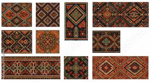 Collection of textile patterns resembling tribal or oriental rugs in red black and gold