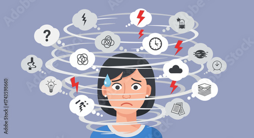 Anxious woman overwhelmed by swirling thoughts and daily stressors representing mental health