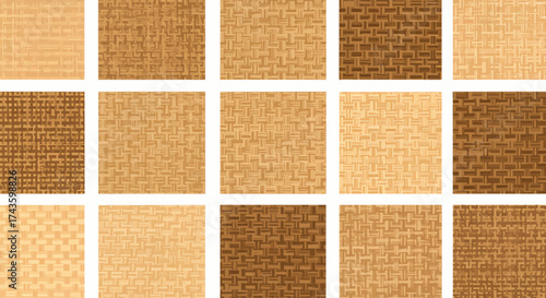 Fifteen square patterns simulating woven wood textures in various shades of brown