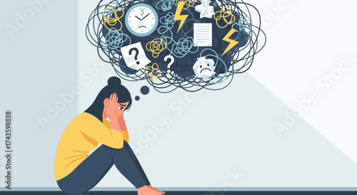 Overwhelmed woman with a cloud of chaotic thoughts representing stress and anxiety