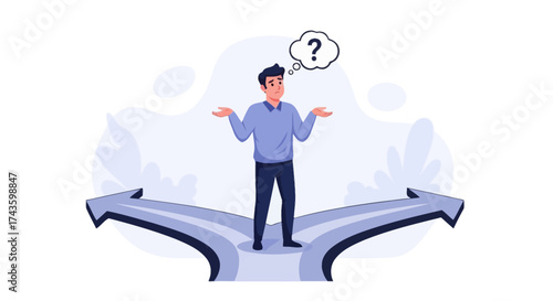 Confused man standing at a crossroads pondering which direction to choose for future endeavors