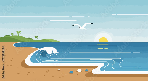 Stylized seascape illustration with wave, bird and serene horizon view capturing summer tranquility