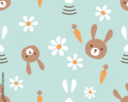 Playful bunny and daisy seamless pattern on pastel mint, cute rabbit faces, carrots and scattered flowers in a soft vector repeat for kids fabric, wrapping paper and nursery decor.