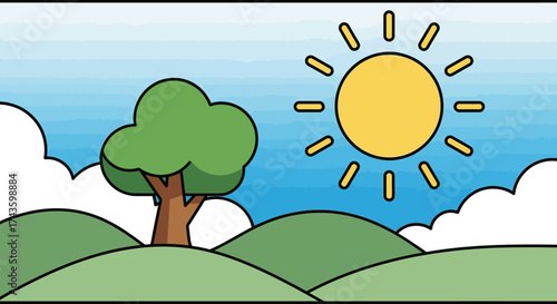 Cartoon landscape with green hills a tree white clouds and a radiant yellow sun overhead