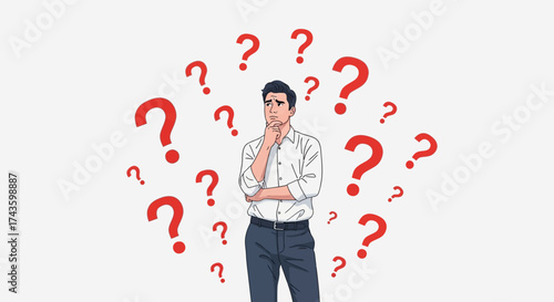 A man surrounded by question marks symbolizing business challenges and thoughtful decision making