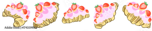 Strawberry Cream Croissant Illustration Set – Cute Bakery Pastry Vector for Cafe Menu, Dessert Clipart and Sweet Food Design