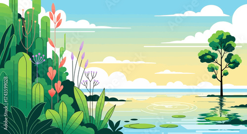 Stylized flat vector illustration showcasing serene lakeside landscape with lush foliage and