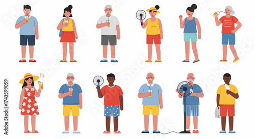 Flat vector illustration of diverse people coping with summer heat