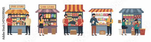 Five small storefront illustrations depicting various transactions at neighborhood shops