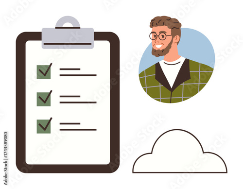 Checklist with green checkmarks, smiling man portrait in casual attire, and cloud sketch. Ideal for task management, productivity, organization, planning, to-do lists, collaboration personal growth