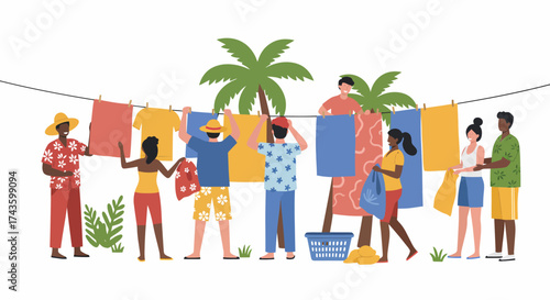 Group of diverse people hanging colorful laundry on an outdoor clothesline near palm trees