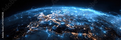 A view of Earth at night, highlighting city lights connected by glowing network lines