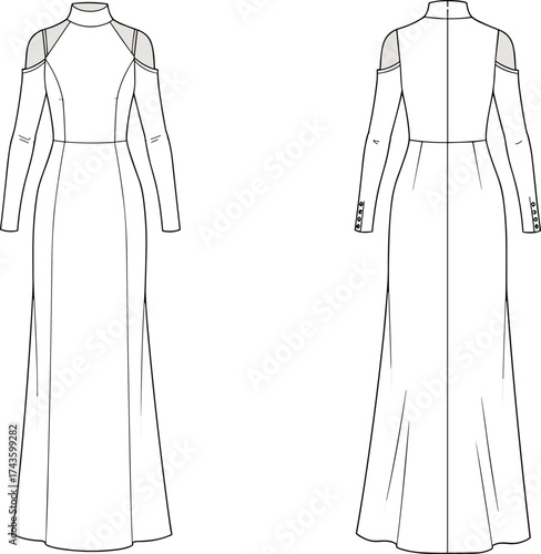 Long evening gown flat sketch, women dress technical fashion drawing, CAD vector illustration, clothing design front back view