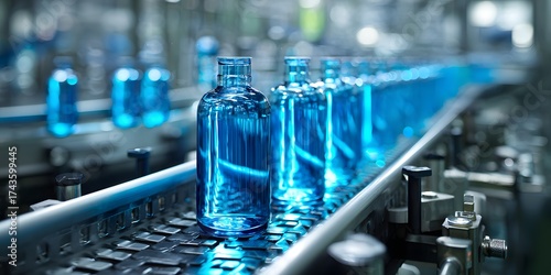 Automated production line of clear glass bottles filled with sparkling blue liquid on a conveyor belt in a modern factory setting