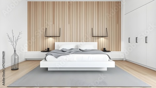 Elegant Japandi style bedroom with a wooden slat wall, clean lines, and a minimalist aesthetic for a peaceful retreat