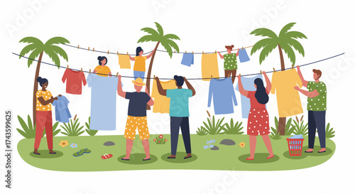 People hanging colorful laundry on clotheslines between palm trees outdoors