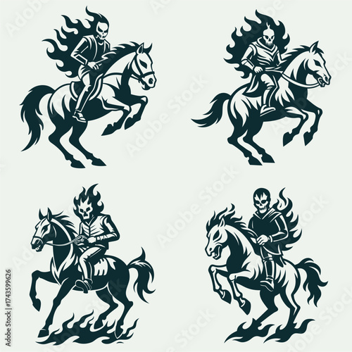 Four illustrations of a skeleton rider on horseback with flames.