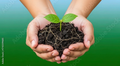 Nurturing new life hands gently holding seedling with rich soil, representing growth, sustainability, and environmental responsibility perfect for eco-conscious brands