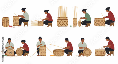 People weaving baskets in various stages of production