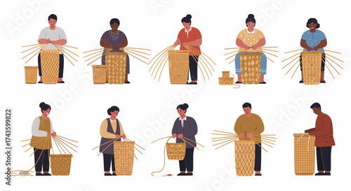 People weaving various styles of wicker baskets using natural reeds or strands