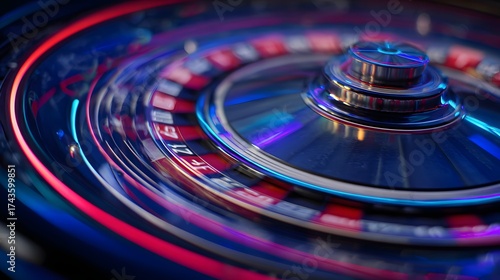Wallpaper Mural Spinning roulette wheel features vibrant streaks of red, blue, and purple light, illustrating motion and speed against a dark background, creating an abstract, dynamic display  Torontodigital.ca