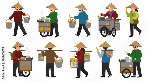Ten Asian street food vendors wearing conical hats using carts baskets or carrying poles