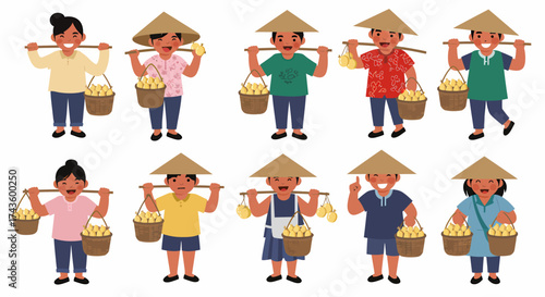 Ten diverse fruit vendors with shoulder poles and baskets of yellow fruit