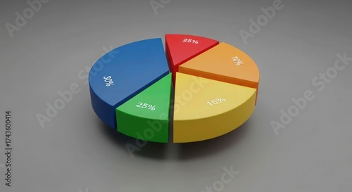 Dynamic 3D pie chart showing market share analysis with a visual breakdown of percentages for business presentations and financial reports, perfect for data storytelling