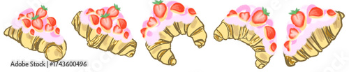 Strawberry Cream Croissant Illustration Set – Cute Bakery Pastry Vector for Cafe Menu, Dessert Clipart and Sweet Food Design