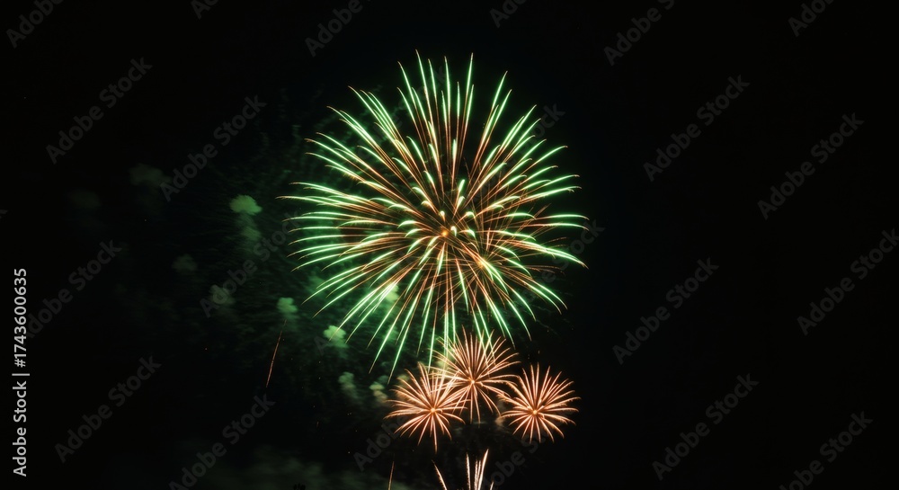 Fototapeta premium Emerald Gold Fireworks Night Sky Celebration.