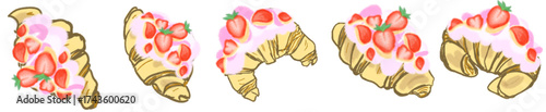 Strawberry Cream Croissant Illustration Set – Cute Bakery Pastry Vector for Cafe Menu, Dessert Clipart and Sweet Food Design