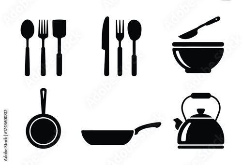 Scalable vector eps illustration of kitchen utensils and cookware for culinary designs silhouette vector illustration white background