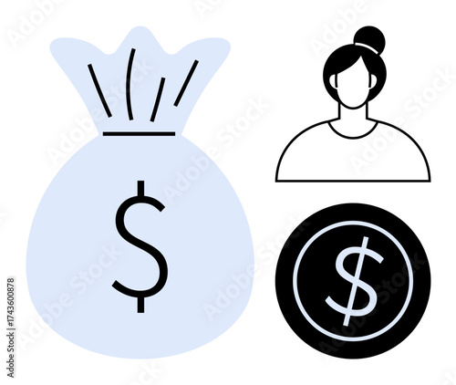 Money bag, woman outline, and coin with dollar sign emphasize finance, earning, investment, wealth, business, savings. Ideal for banking accounting gender pay gap economy and simple flat metaphor