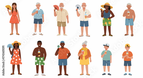 Twelve people of various ages and ethnicities cooling down in summer attire