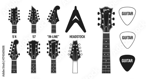 A collection of guitar headstock designs and guitar picks in black and white, showcasing various shapes and styles.