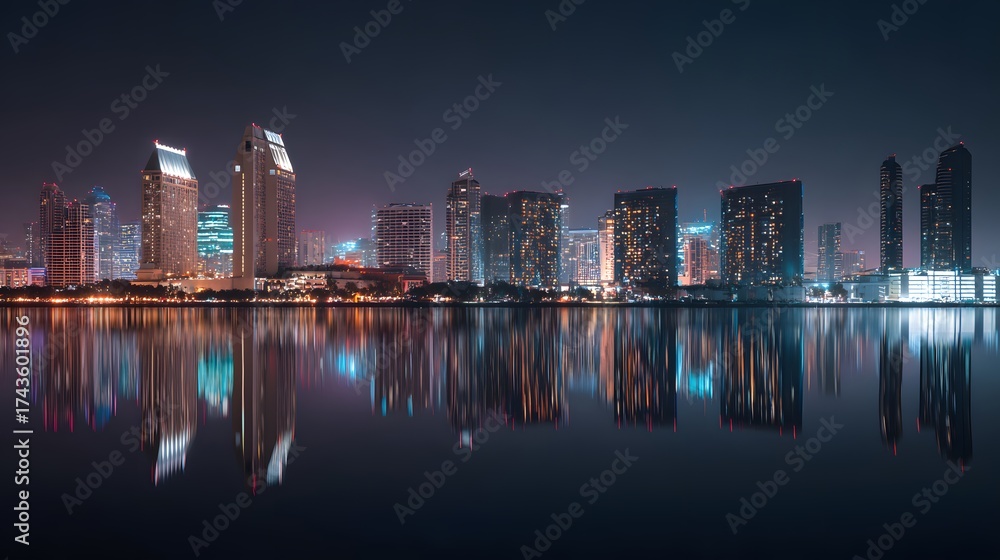 Fototapeta premium Night cityscape presents a serene view featuring a collection of towering buildings illuminated with vibrant lights against a dark blue night sky, reflecting beautifully on the calm water.