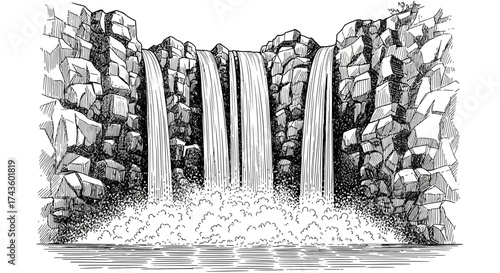 A hand-drawn illustration of a waterfall cascading over rocky cliffs into a pool of water below, rendered in a black and white sketch style.