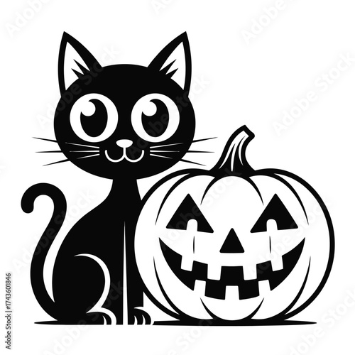 Stylized black cat with large white eyed pumpkin vector illustration scalable eps icon silhouette vector illustration white background