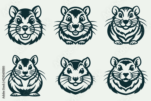 Set of six black and white hamster head illustrations in a bold mascot or logo style.